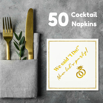 Wedding Cocktail Napkins, Elegant Gold Decorations for Weddings, Disposable Paper Napkin for Reception, Bar, After Party, Dessert Table, 50 Pack