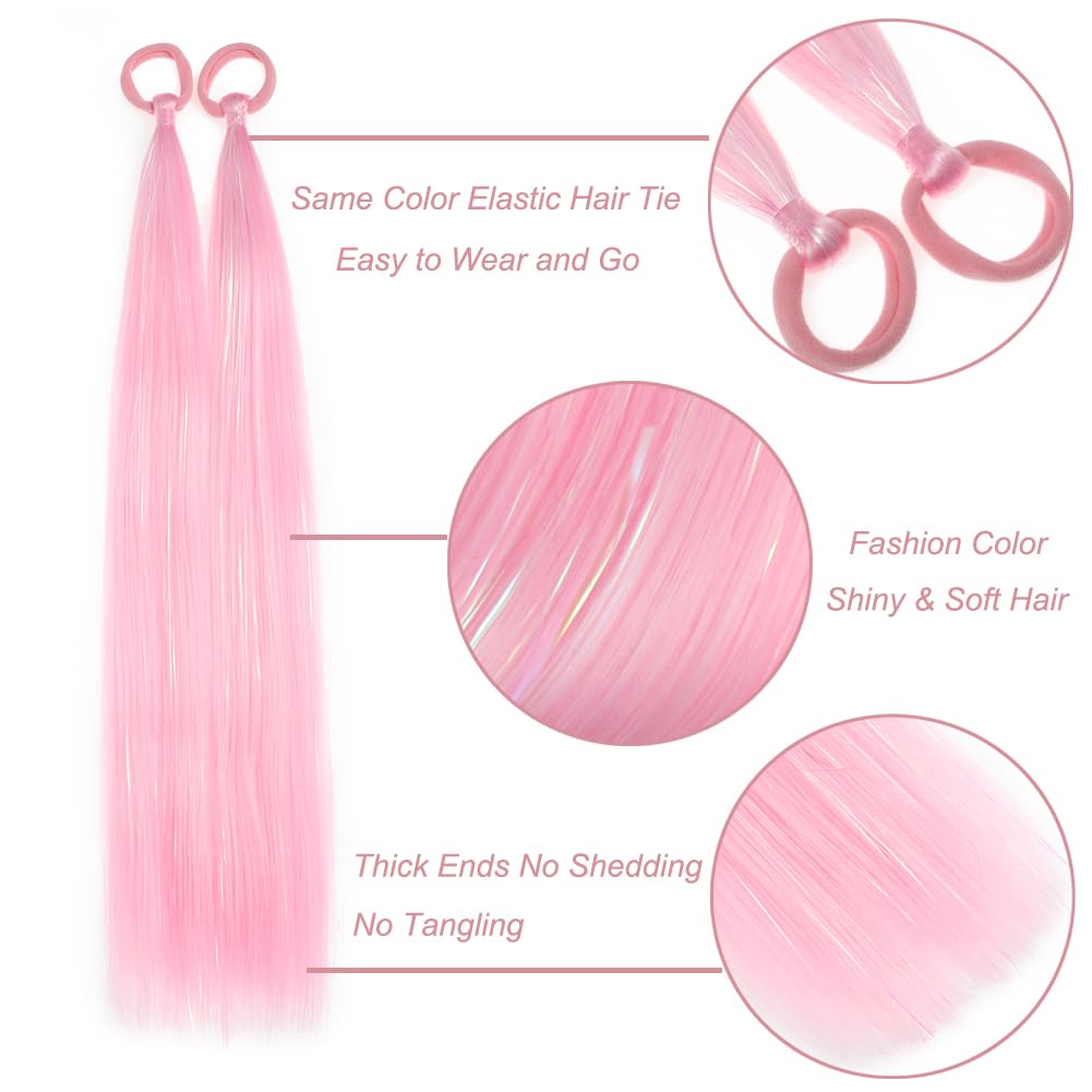 Pink Ponytail Extensions for Girls Women, Tinsel Hair Extension With Rubber Band Daily Party Festival Wacky Halloween Hair Accessories Ponytail Hair Pieces Tinsel Extensions for Women 2pcs/lot