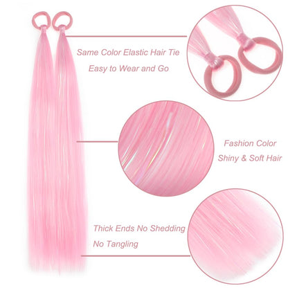 Pink Ponytail Extensions for Girls Women, Tinsel Hair Extension With Rubber Band Daily Party Festival Wacky Halloween Hair Accessories Ponytail Hair Pieces Tinsel Extensions for Women 2pcs/lot