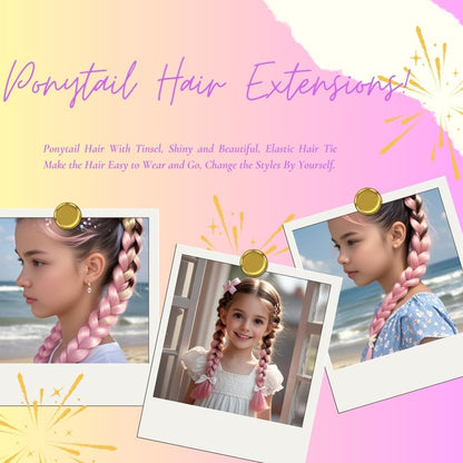 Pink Ponytail Extensions for Girls Women, Tinsel Hair Extension With Rubber Band Daily Party Festival Wacky Halloween Hair Accessories Ponytail Hair Pieces Tinsel Extensions for Women 2pcs/lot