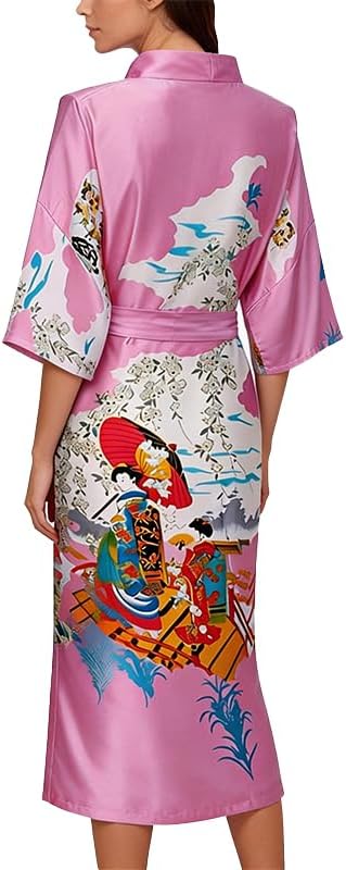 Women’s Long Satin Kimono Robe with Side Pockets Floral Silky Lightweight Bathrobe Soft Sleepwear Loungewear