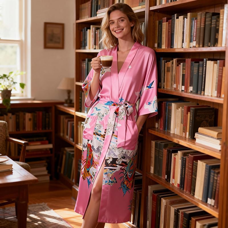 Women’s Long Satin Kimono Robe with Side Pockets Floral Silky Lightweight Bathrobe Soft Sleepwear Loungewear