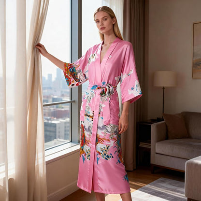 Women’s Long Satin Kimono Robe with Side Pockets Floral Silky Lightweight Bathrobe Soft Sleepwear Loungewear