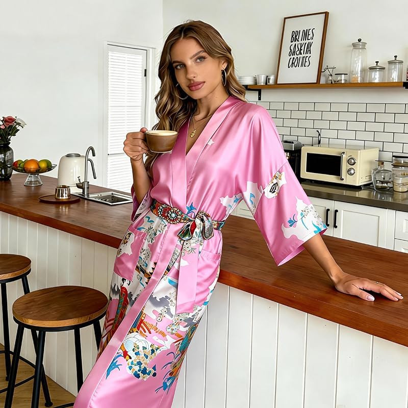 Women’s Long Satin Kimono Robe with Side Pockets Floral Silky Lightweight Bathrobe Soft Sleepwear Loungewear