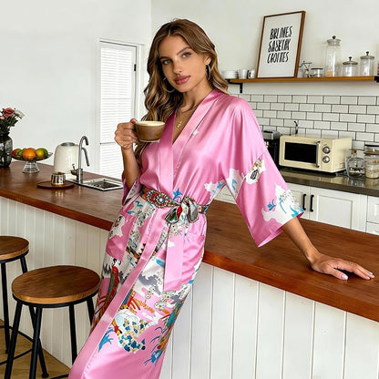Women’s Long Satin Kimono Robe with Side Pockets Floral Silky Lightweight Bathrobe Soft Sleepwear Loungewear
