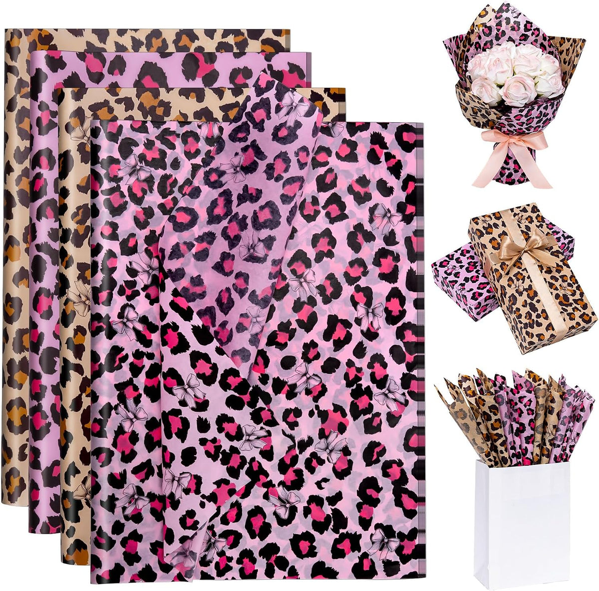 100 Sheets Leopard Print Tissue Paper Bulk, Pink Brown Tissue Paper for Gift Bags DIY Crafts, Cheetah Gift Wrap with Bow for Wedding Birthday Bridal Shower Valentine's Day Party, 20 x 14 Inch