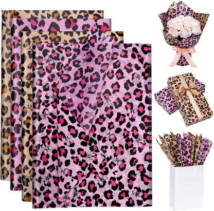 100 Sheets Leopard Print Tissue Paper Bulk, Pink Brown Tissue Paper for Gift Bags DIY Crafts, Cheetah Gift Wrap with Bow for Wedding Birthday Bridal Shower Valentine's Day Party, 20 x 14 Inch