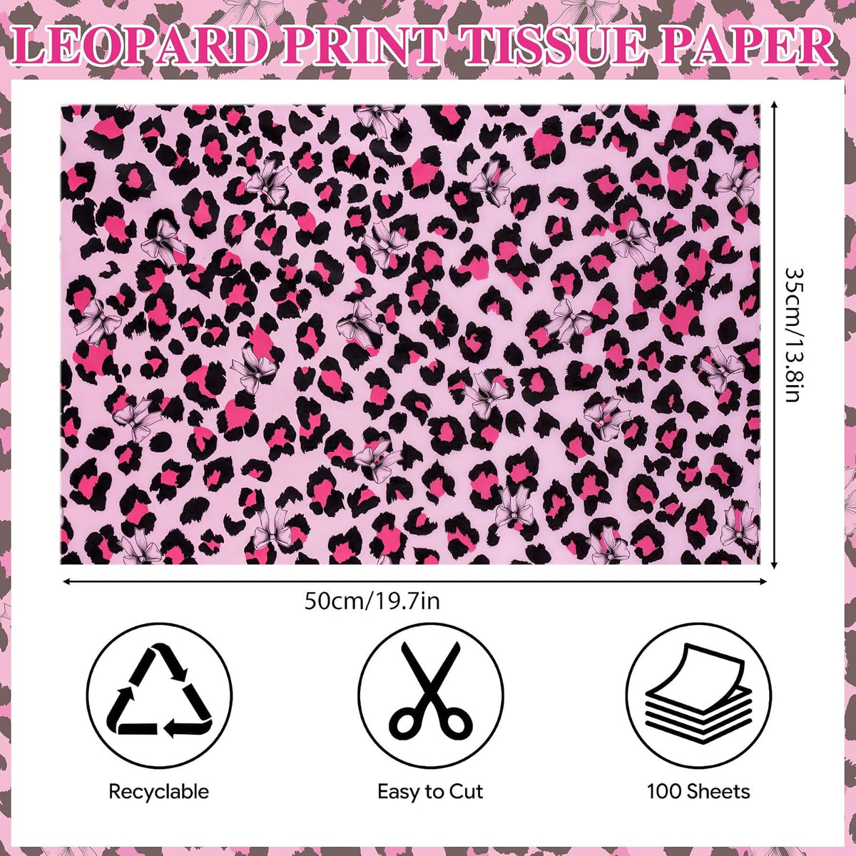 100 Sheets Leopard Print Tissue Paper Bulk, Pink Brown Tissue Paper for Gift Bags DIY Crafts, Cheetah Gift Wrap with Bow for Wedding Birthday Bridal Shower Valentine's Day Party, 20 x 14 Inch