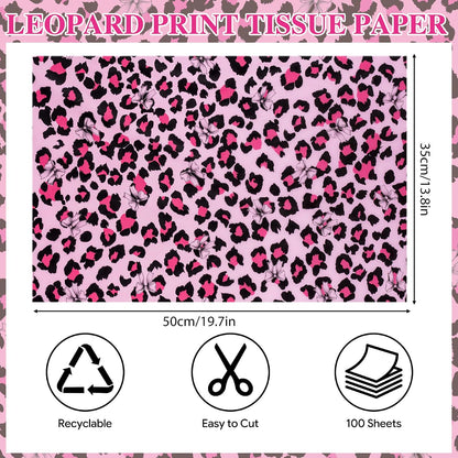 100 Sheets Leopard Print Tissue Paper Bulk, Pink Brown Tissue Paper for Gift Bags DIY Crafts, Cheetah Gift Wrap with Bow for Wedding Birthday Bridal Shower Valentine's Day Party, 20 x 14 Inch
