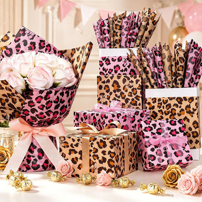 100 Sheets Leopard Print Tissue Paper Bulk, Pink Brown Tissue Paper for Gift Bags DIY Crafts, Cheetah Gift Wrap with Bow for Wedding Birthday Bridal Shower Valentine's Day Party, 20 x 14 Inch