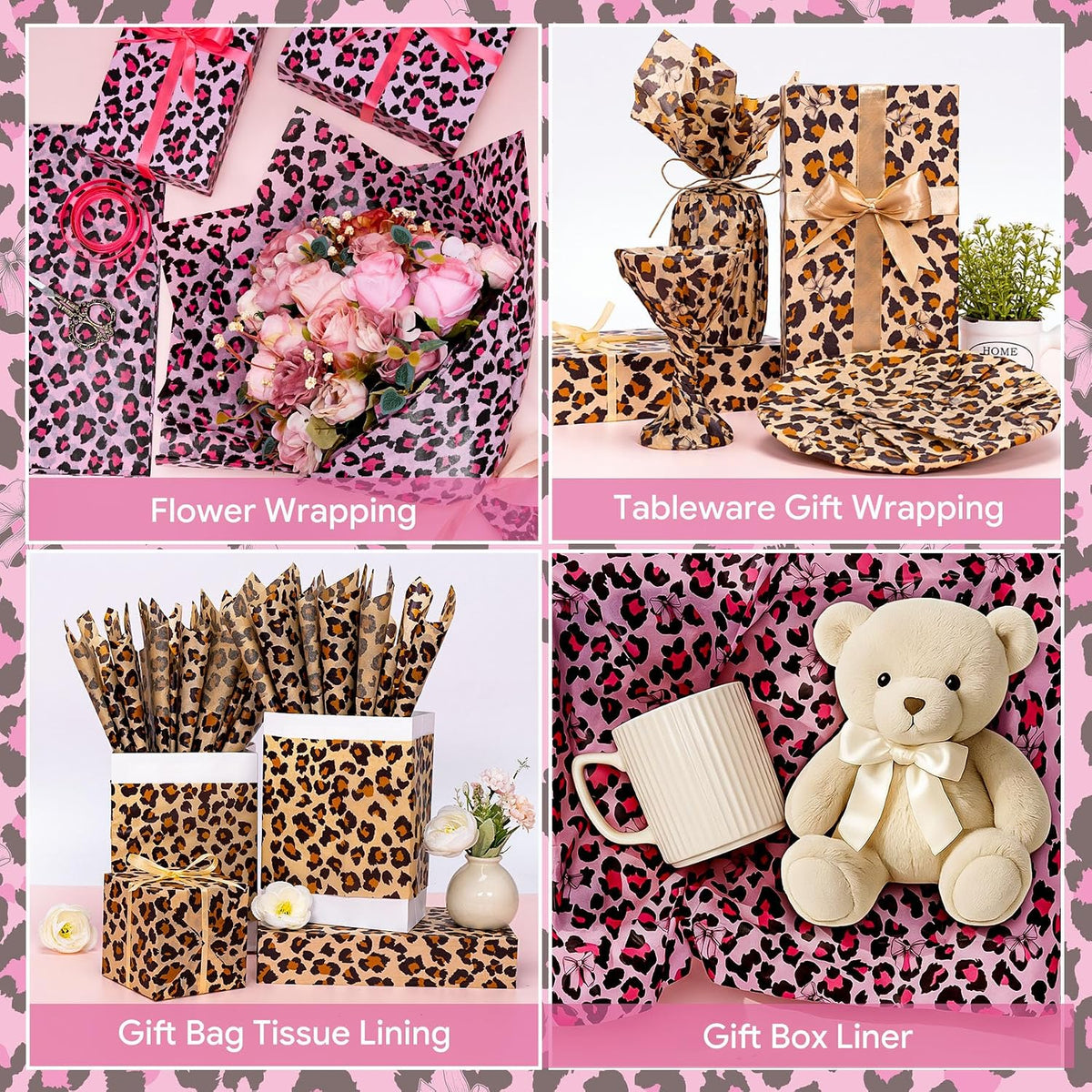100 Sheets Leopard Print Tissue Paper Bulk, Pink Brown Tissue Paper for Gift Bags DIY Crafts, Cheetah Gift Wrap with Bow for Wedding Birthday Bridal Shower Valentine's Day Party, 20 x 14 Inch