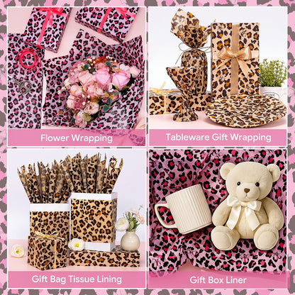100 Sheets Leopard Print Tissue Paper Bulk, Pink Brown Tissue Paper for Gift Bags DIY Crafts, Cheetah Gift Wrap with Bow for Wedding Birthday Bridal Shower Valentine's Day Party, 20 x 14 Inch