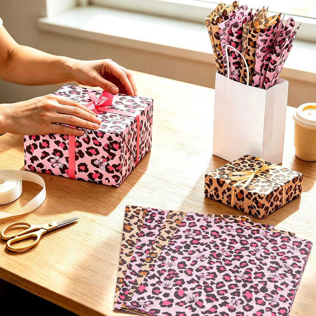100 Sheets Leopard Print Tissue Paper Bulk, Pink Brown Tissue Paper for Gift Bags DIY Crafts, Cheetah Gift Wrap with Bow for Wedding Birthday Bridal Shower Valentine's Day Party, 20 x 14 Inch