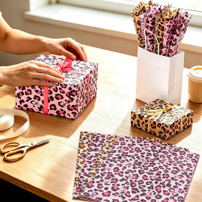 100 Sheets Leopard Print Tissue Paper Bulk, Pink Brown Tissue Paper for Gift Bags DIY Crafts, Cheetah Gift Wrap with Bow for Wedding Birthday Bridal Shower Valentine's Day Party, 20 x 14 Inch