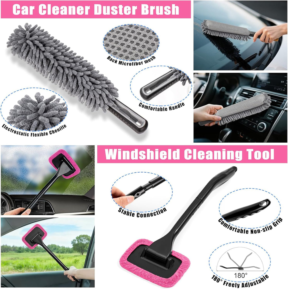 Car Cleaning Kit, Car Vacuum Interior Detailing Cleaner Kit with High Power Handheld Vacuum, Brush Set, Windshield Tool, Duster, Towels, Complete Car Care Tools for Women (Pink)