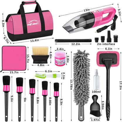 Car Cleaning Kit, Car Vacuum Interior Detailing Cleaner Kit with High Power Handheld Vacuum, Brush Set, Windshield Tool, Duster, Towels, Complete Car Care Tools for Women (Pink)
