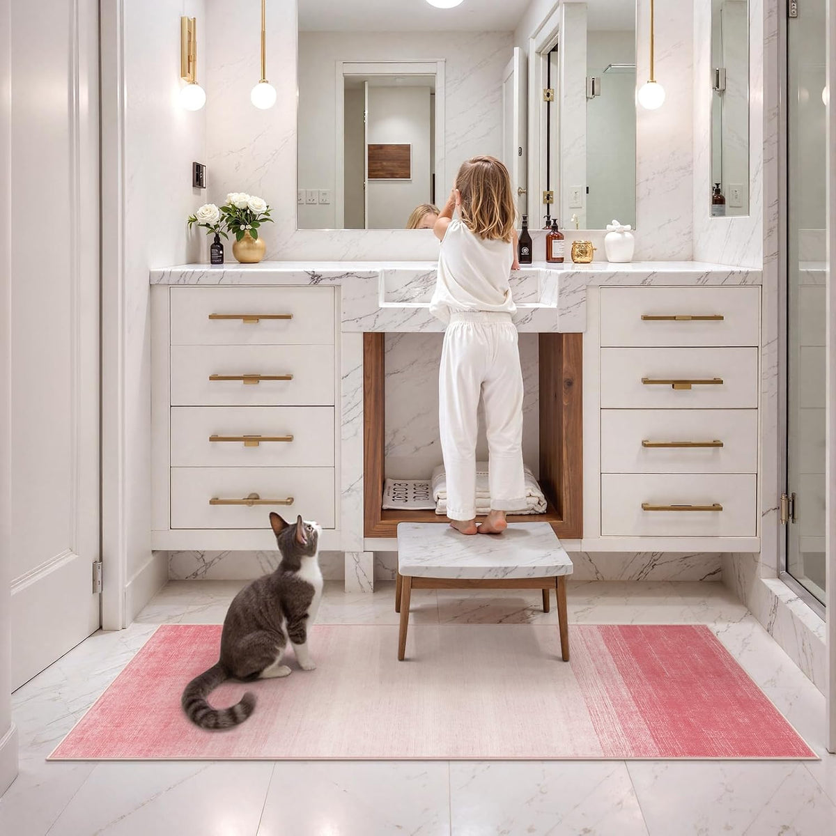 Washable Pink Rug Runners 2x6, Modern Ombre Bathroom Runner Rug, Contemporary Non-Slip Hallway Runner, Gradient Bedroom Girls Carpet Runner for Laundry Room Bath (Pink, 2'x6')