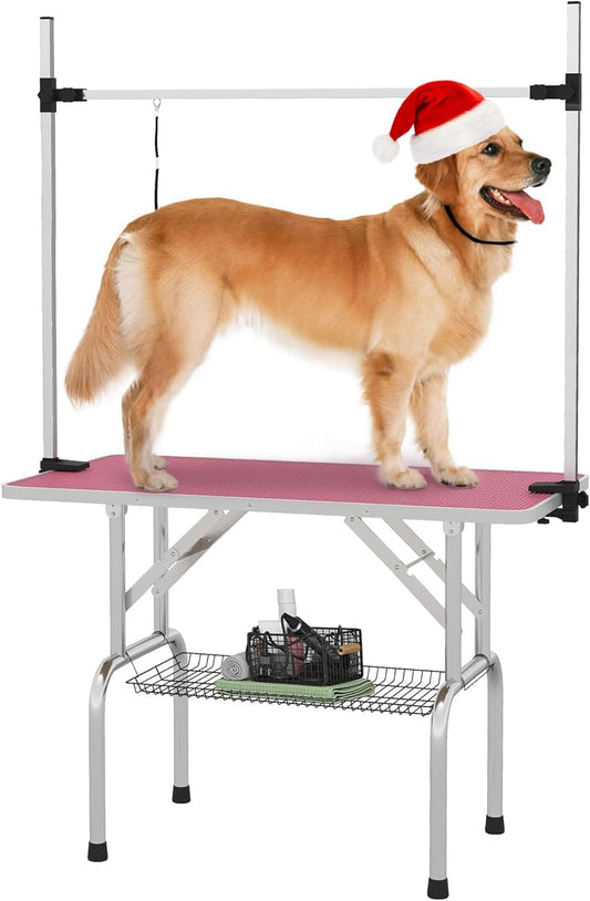42'' Stainless Steel Pet Dog Grooming Table with Arm/Noose/Tray, Pink