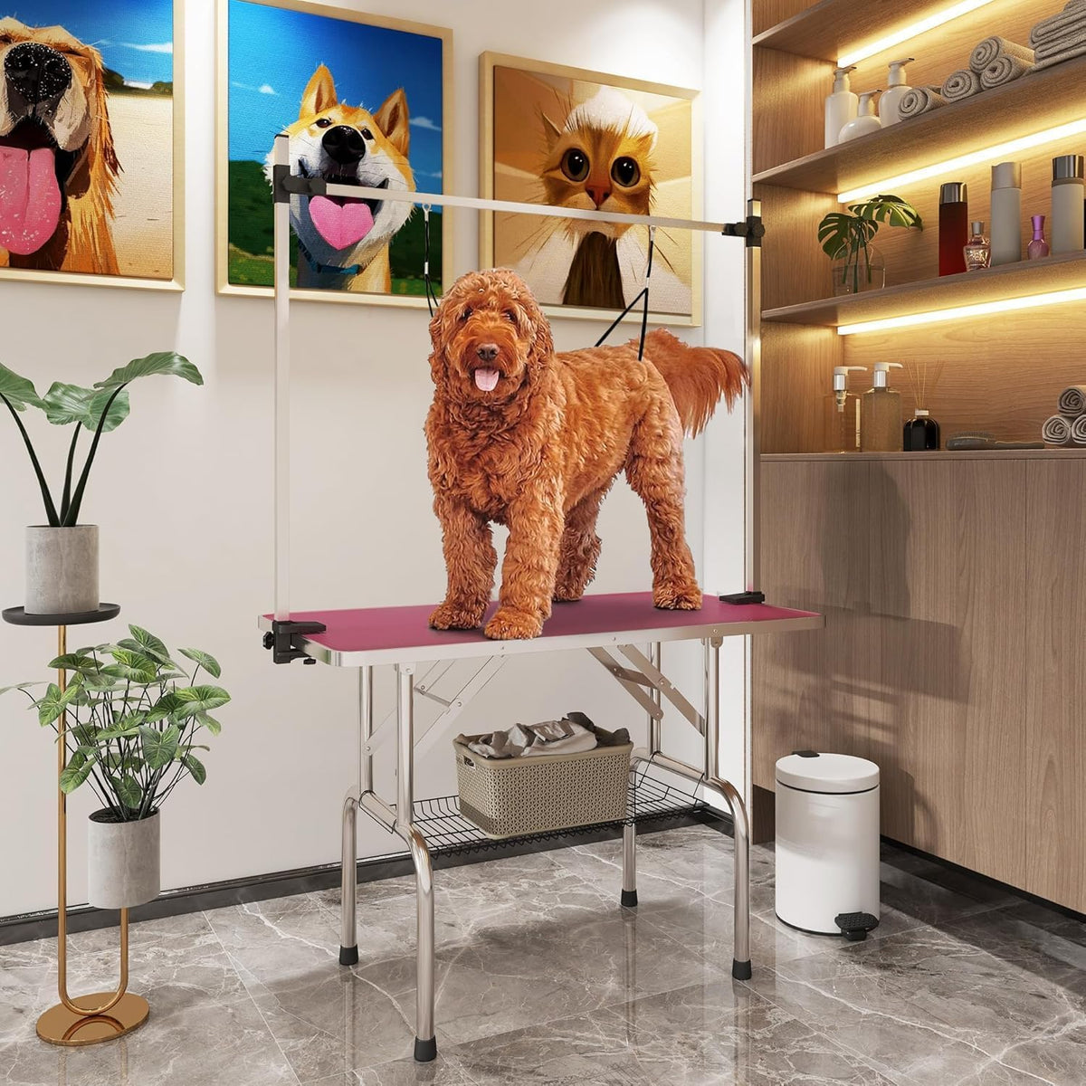 42'' Stainless Steel Pet Dog Grooming Table with Arm/Noose/Tray, Pink