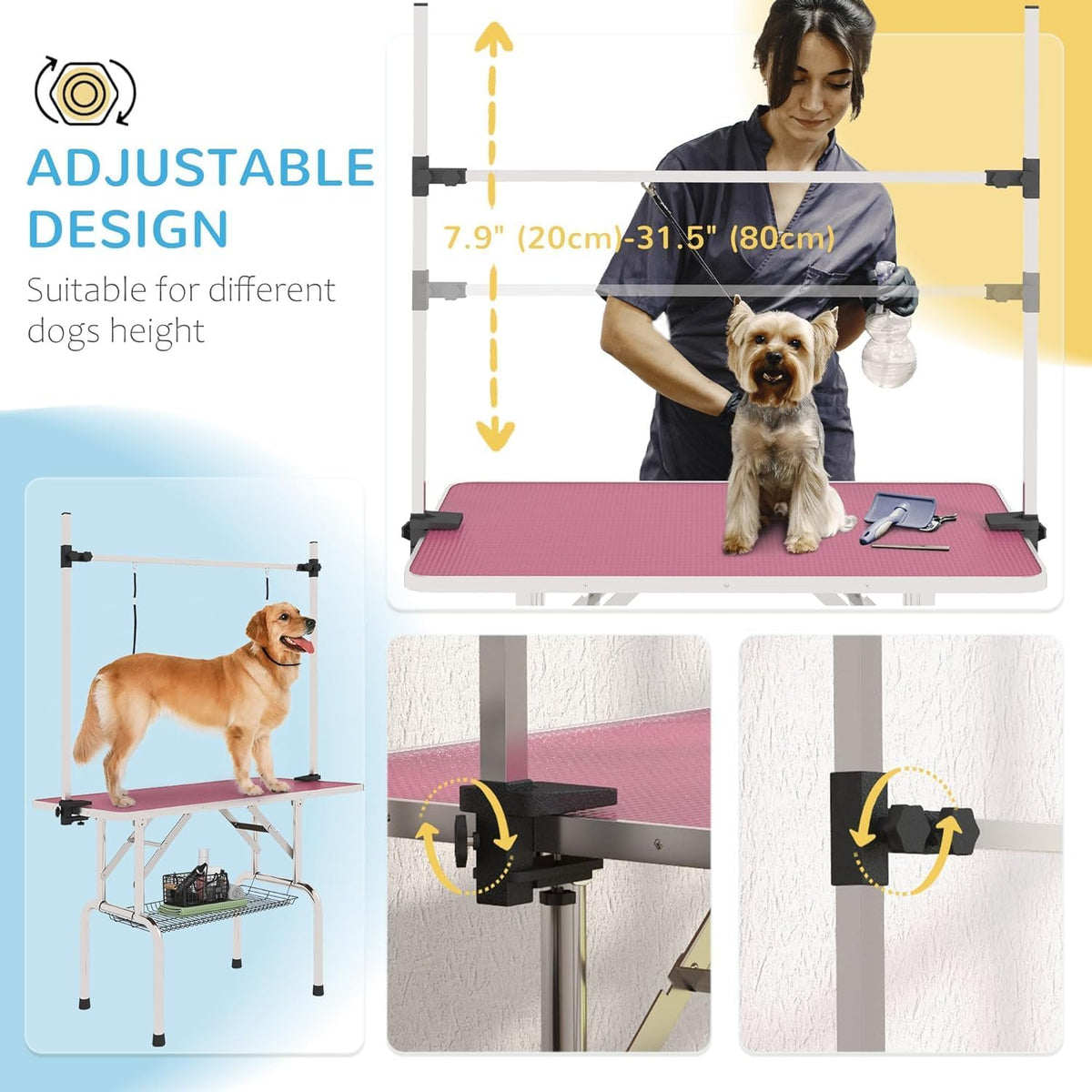 42'' Stainless Steel Pet Dog Grooming Table with Arm/Noose/Tray, Pink