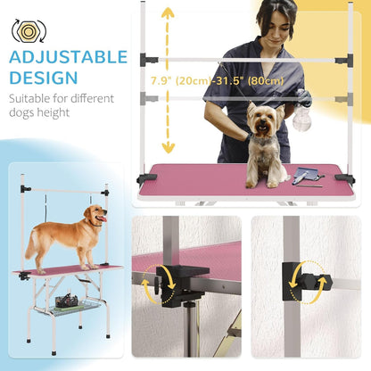 42'' Stainless Steel Pet Dog Grooming Table with Arm/Noose/Tray, Pink