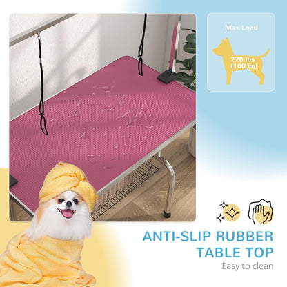 42'' Stainless Steel Pet Dog Grooming Table with Arm/Noose/Tray, Pink