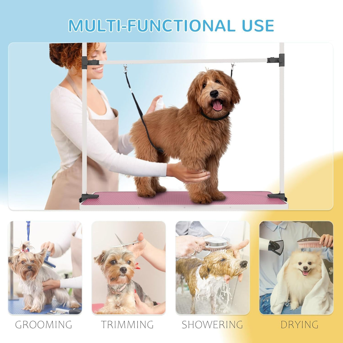 42'' Stainless Steel Pet Dog Grooming Table with Arm/Noose/Tray, Pink