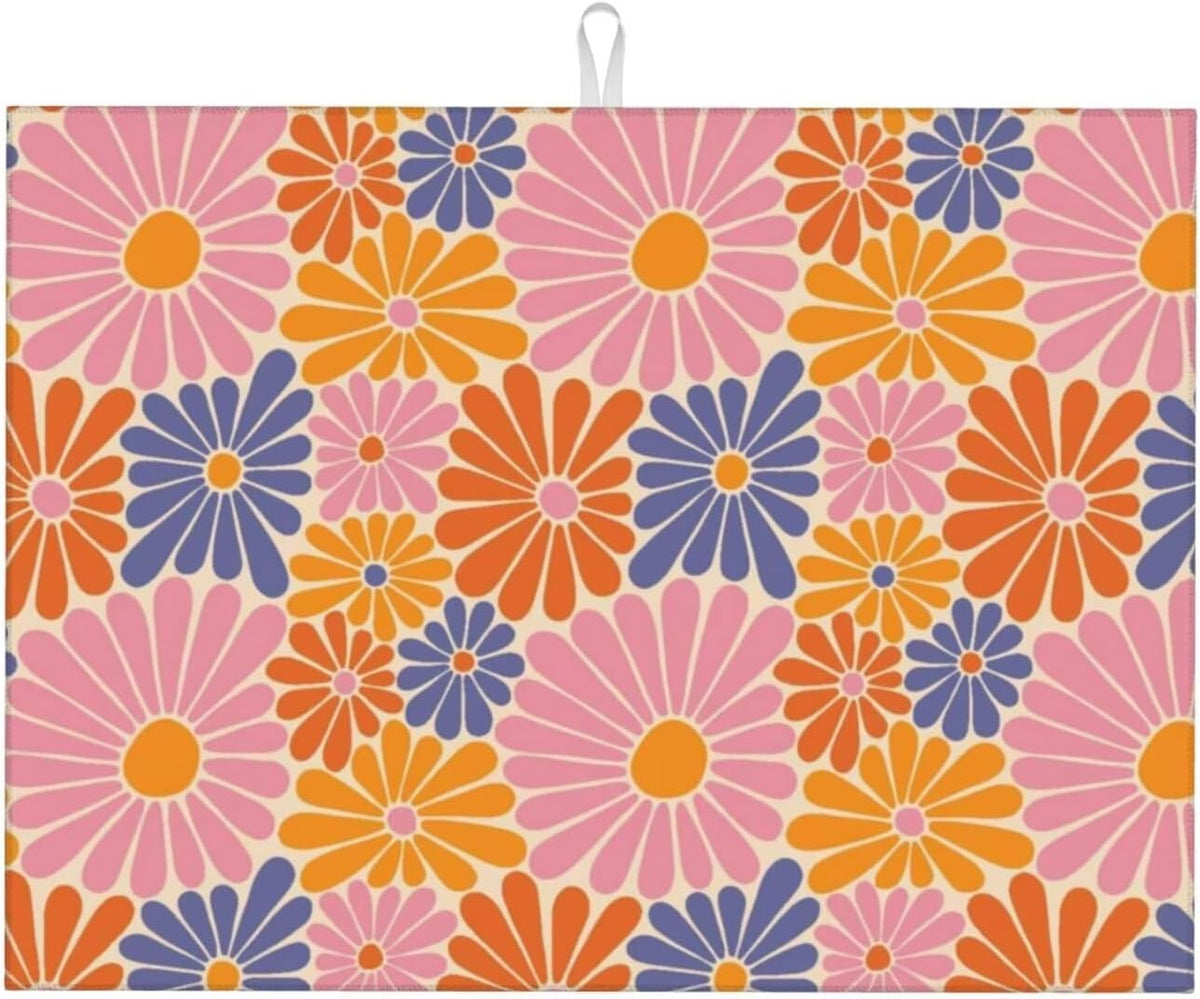 Daisy Flowers Dish Drying Mat for Kitchen Counter 18 x 24 inch Groovy Floral Dish Drainer Rack Mats with Hanging Loop Retro Daisies Dishes Drainer Pads Pink Purple Drying Pad for Countertop