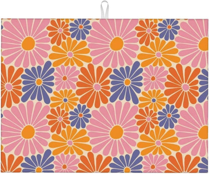 Daisy Flowers Dish Drying Mat for Kitchen Counter 18 x 24 inch Groovy Floral Dish Drainer Rack Mats with Hanging Loop Retro Daisies Dishes Drainer Pads Pink Purple Drying Pad for Countertop