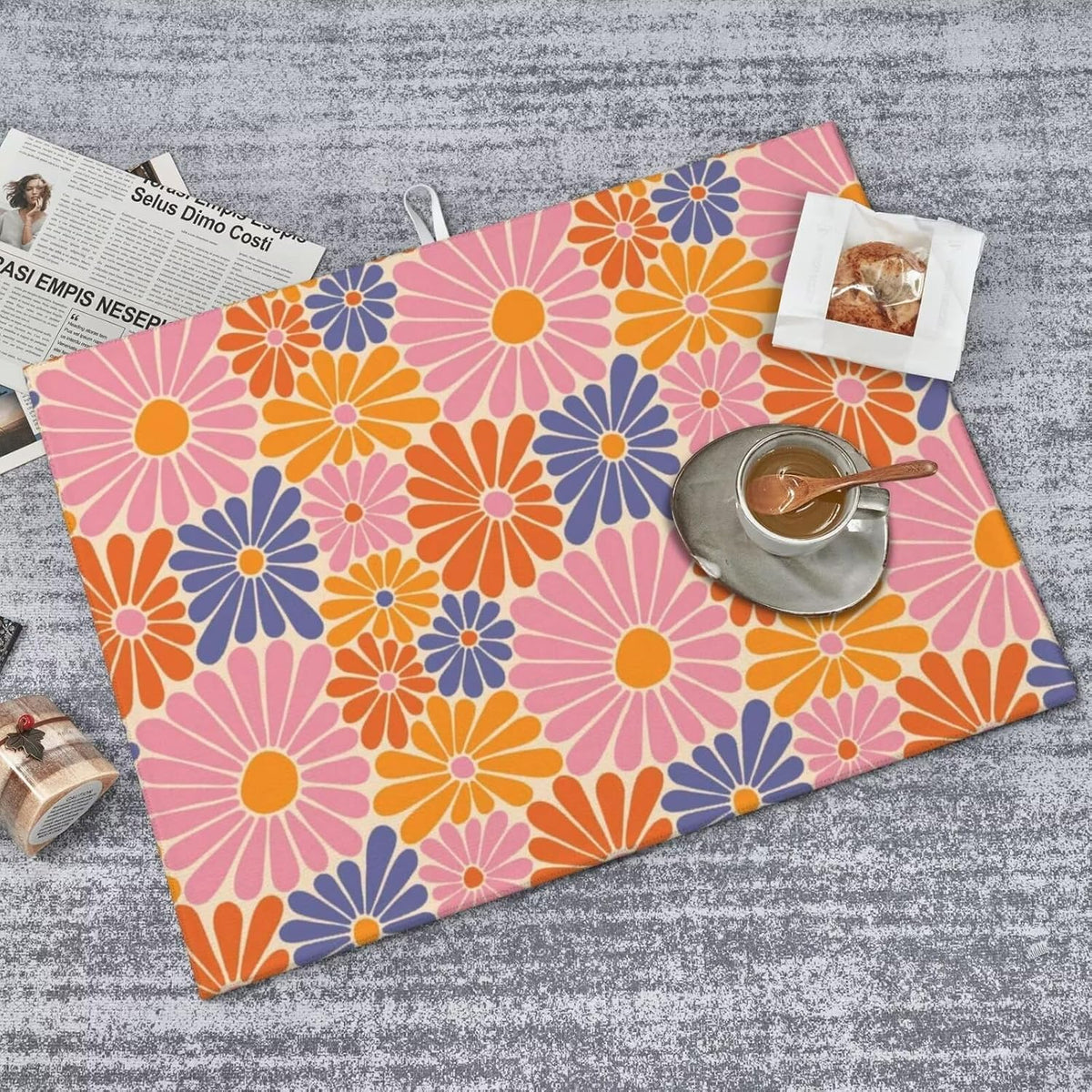 Daisy Flowers Dish Drying Mat for Kitchen Counter 18 x 24 inch Groovy Floral Dish Drainer Rack Mats with Hanging Loop Retro Daisies Dishes Drainer Pads Pink Purple Drying Pad for Countertop