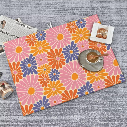 Daisy Flowers Dish Drying Mat for Kitchen Counter 18 x 24 inch Groovy Floral Dish Drainer Rack Mats with Hanging Loop Retro Daisies Dishes Drainer Pads Pink Purple Drying Pad for Countertop
