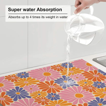 Daisy Flowers Dish Drying Mat for Kitchen Counter 18 x 24 inch Groovy Floral Dish Drainer Rack Mats with Hanging Loop Retro Daisies Dishes Drainer Pads Pink Purple Drying Pad for Countertop