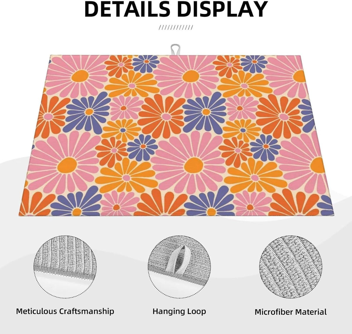 Daisy Flowers Dish Drying Mat for Kitchen Counter 18 x 24 inch Groovy Floral Dish Drainer Rack Mats with Hanging Loop Retro Daisies Dishes Drainer Pads Pink Purple Drying Pad for Countertop