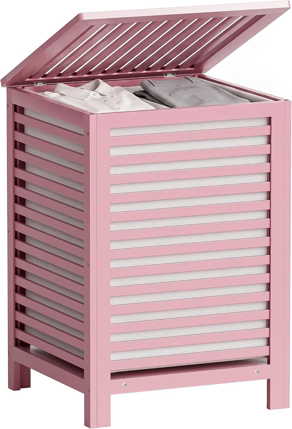Double Laundry Hamper with Lid, 120L Bamboo Laundry Basket with Removable Liner Bag, 2-Section Clothes Divider Laundry Sorter for Laundry Room, Bathroom, Bedroom (Pink)