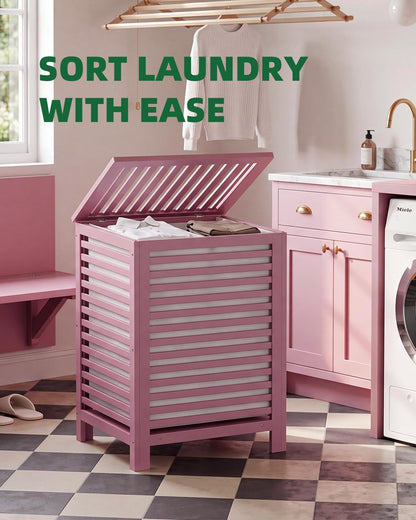 Double Laundry Hamper with Lid, 120L Bamboo Laundry Basket with Removable Liner Bag, 2-Section Clothes Divider Laundry Sorter for Laundry Room, Bathroom, Bedroom (Pink)