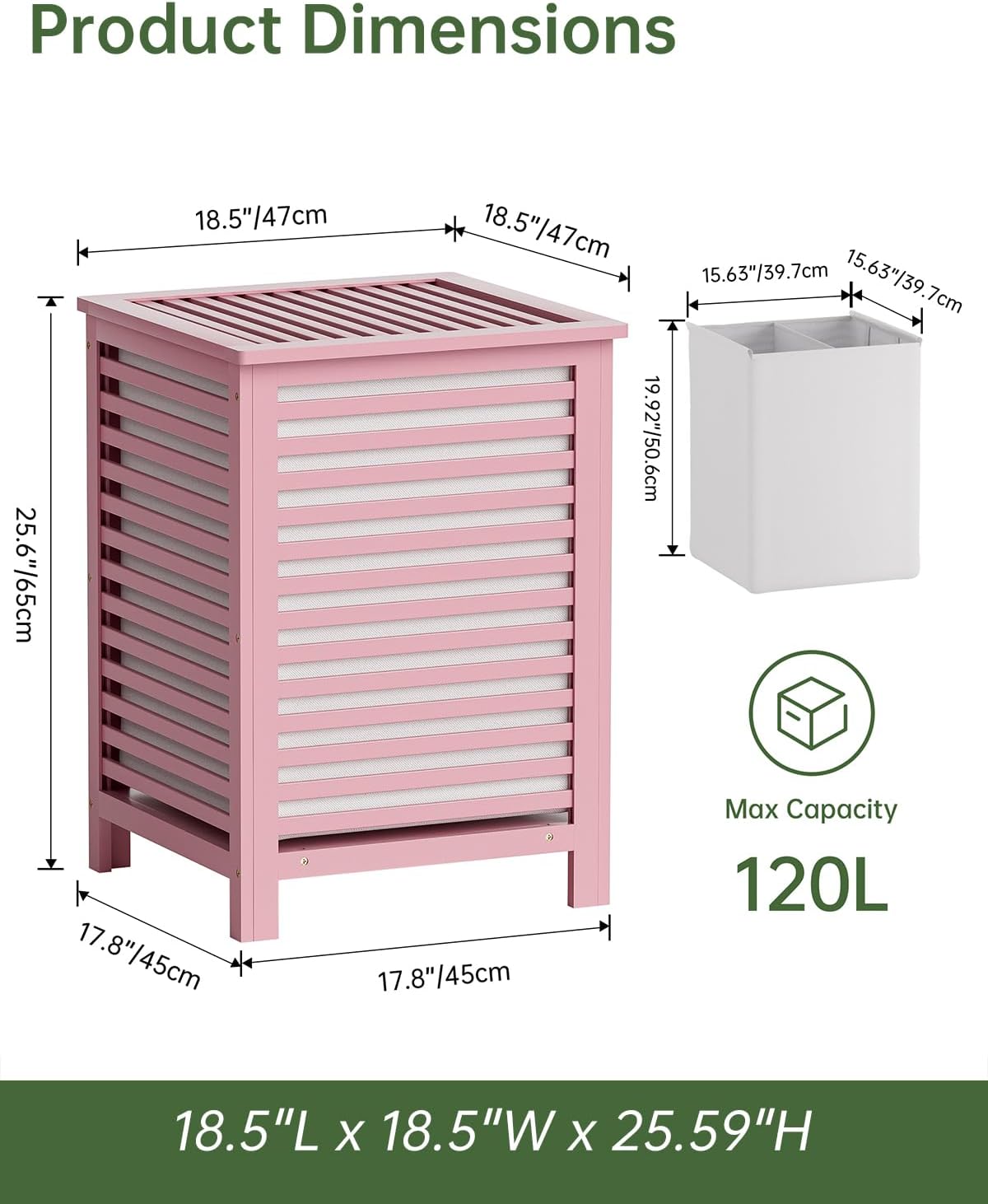 Double Laundry Hamper with Lid, 120L Bamboo Laundry Basket with Removable Liner Bag, 2-Section Clothes Divider Laundry Sorter for Laundry Room, Bathroom, Bedroom (Pink)