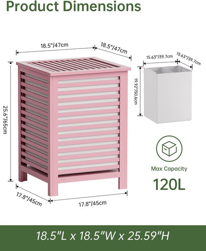 Double Laundry Hamper with Lid, 120L Bamboo Laundry Basket with Removable Liner Bag, 2-Section Clothes Divider Laundry Sorter for Laundry Room, Bathroom, Bedroom (Pink)