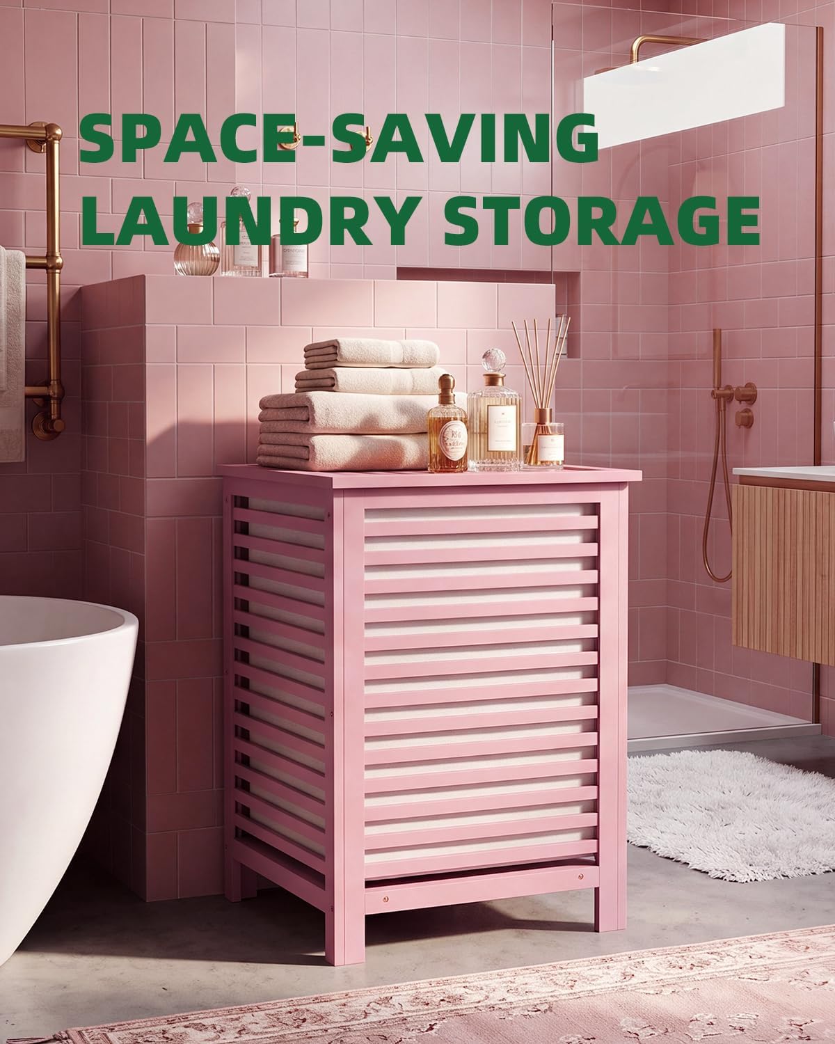 Double Laundry Hamper with Lid, 120L Bamboo Laundry Basket with Removable Liner Bag, 2-Section Clothes Divider Laundry Sorter for Laundry Room, Bathroom, Bedroom (Pink)