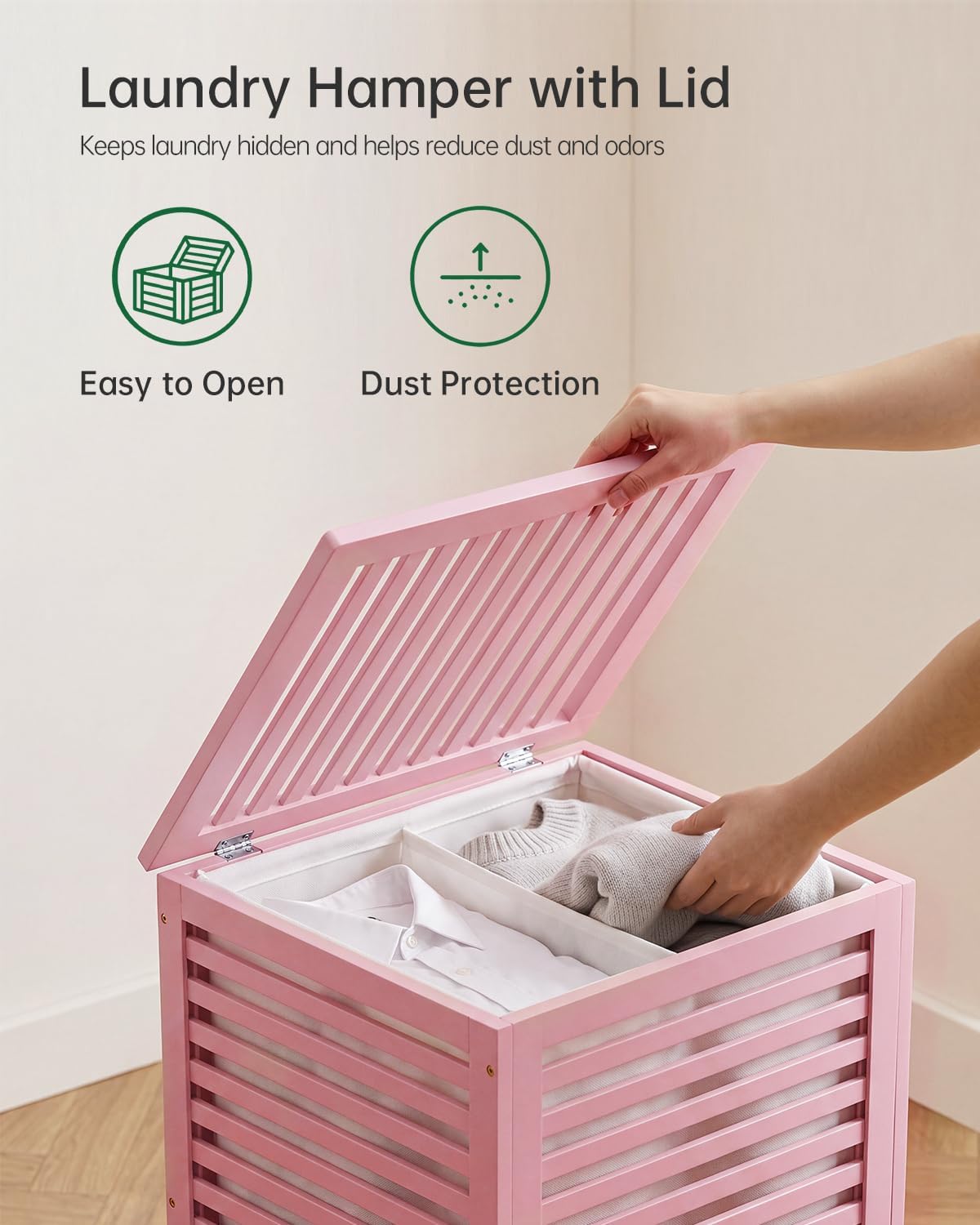 Double Laundry Hamper with Lid, 120L Bamboo Laundry Basket with Removable Liner Bag, 2-Section Clothes Divider Laundry Sorter for Laundry Room, Bathroom, Bedroom (Pink)