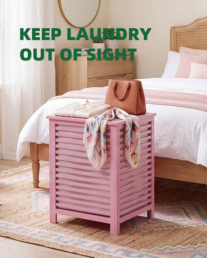 Double Laundry Hamper with Lid, 120L Bamboo Laundry Basket with Removable Liner Bag, 2-Section Clothes Divider Laundry Sorter for Laundry Room, Bathroom, Bedroom (Pink)