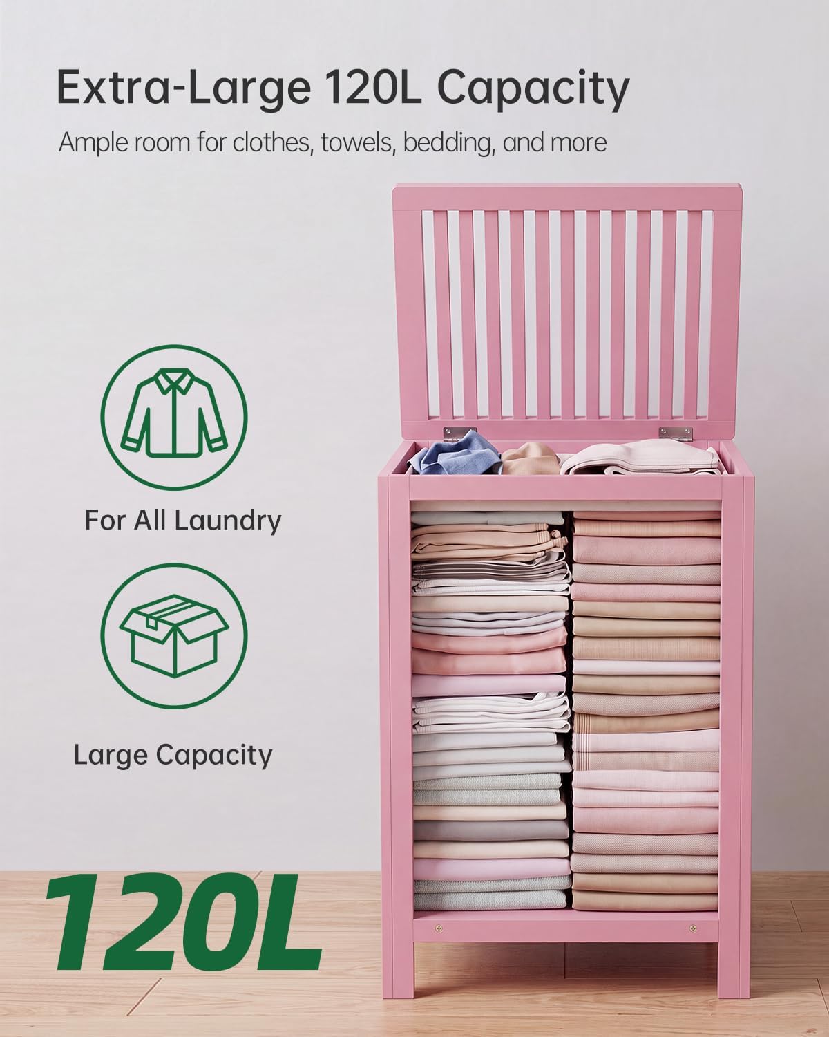 Double Laundry Hamper with Lid, 120L Bamboo Laundry Basket with Removable Liner Bag, 2-Section Clothes Divider Laundry Sorter for Laundry Room, Bathroom, Bedroom (Pink)