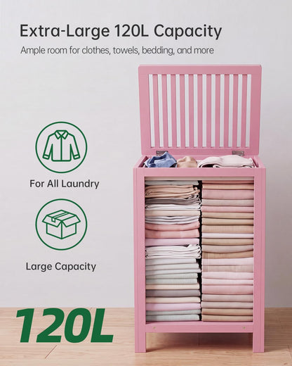 Double Laundry Hamper with Lid, 120L Bamboo Laundry Basket with Removable Liner Bag, 2-Section Clothes Divider Laundry Sorter for Laundry Room, Bathroom, Bedroom (Pink)