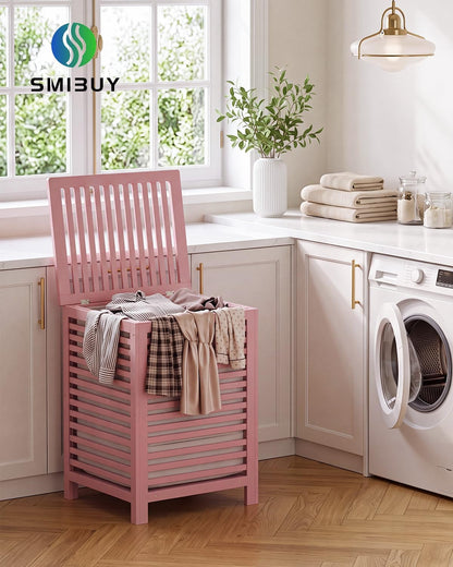 Double Laundry Hamper with Lid, 120L Bamboo Laundry Basket with Removable Liner Bag, 2-Section Clothes Divider Laundry Sorter for Laundry Room, Bathroom, Bedroom (Pink)