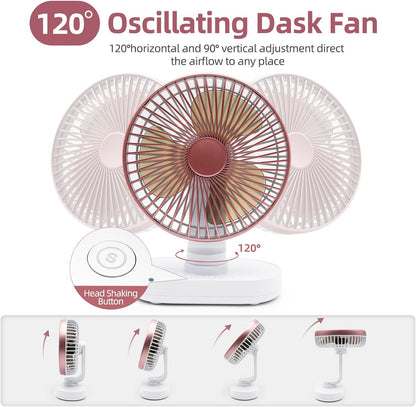 Small Oscillating Fan for Bedroom, 4000mAh Battery Powered Rechargeable Fan, 90° Vertical Manual and 120° Oscillating Desk Fan, 4 Speeds Air Circulator Fans, Quiet Table Fans for Home Office Travel