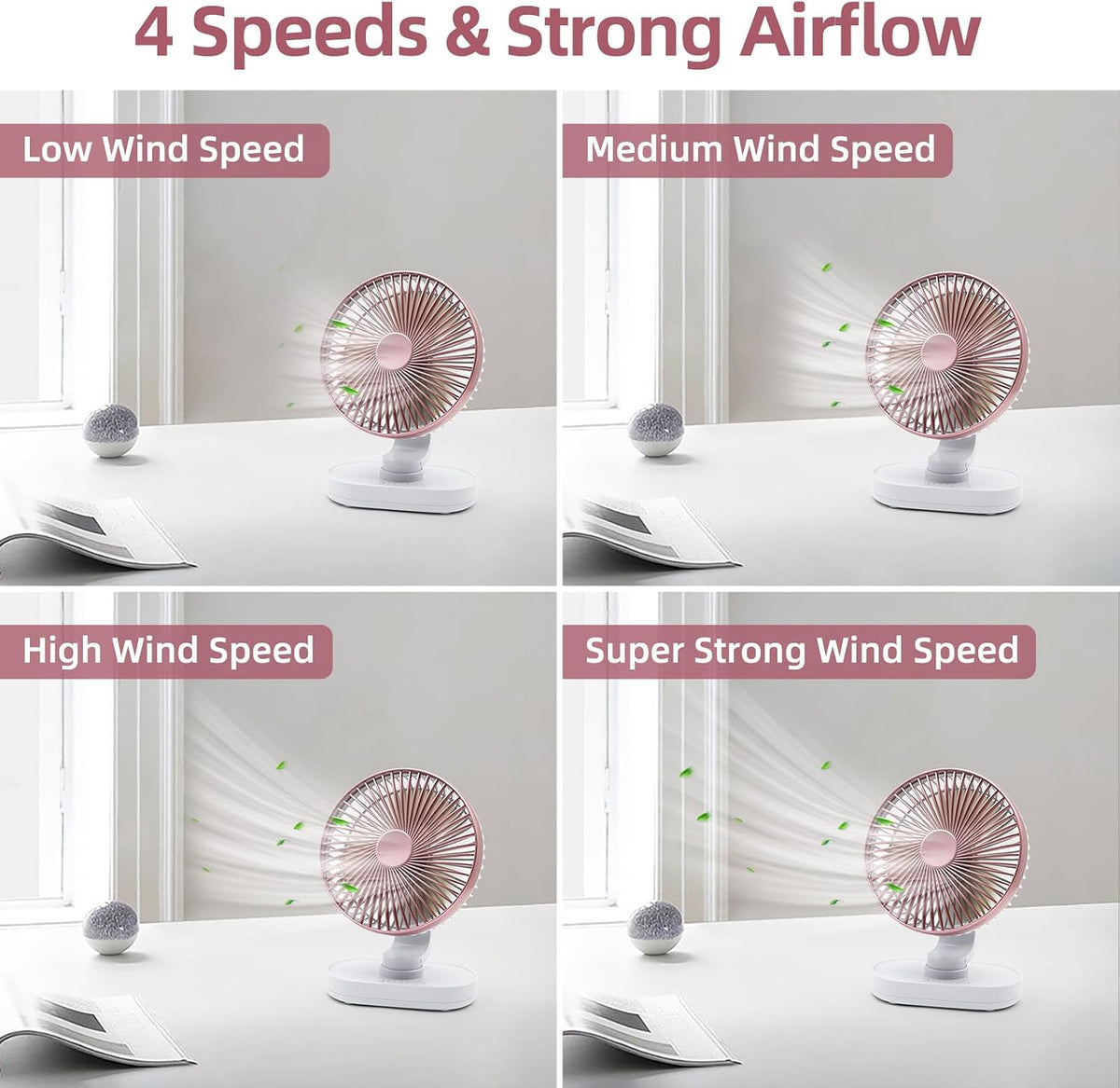 Small Oscillating Fan for Bedroom, 4000mAh Battery Powered Rechargeable Fan, 90° Vertical Manual and 120° Oscillating Desk Fan, 4 Speeds Air Circulator Fans, Quiet Table Fans for Home Office Travel