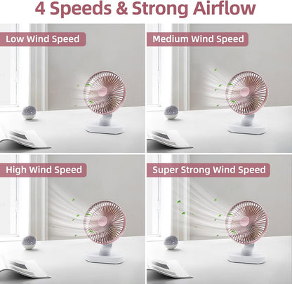 Small Oscillating Fan for Bedroom, 4000mAh Battery Powered Rechargeable Fan, 90° Vertical Manual and 120° Oscillating Desk Fan, 4 Speeds Air Circulator Fans, Quiet Table Fans for Home Office Travel
