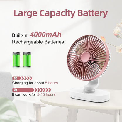 Small Oscillating Fan for Bedroom, 4000mAh Battery Powered Rechargeable Fan, 90° Vertical Manual and 120° Oscillating Desk Fan, 4 Speeds Air Circulator Fans, Quiet Table Fans for Home Office Travel