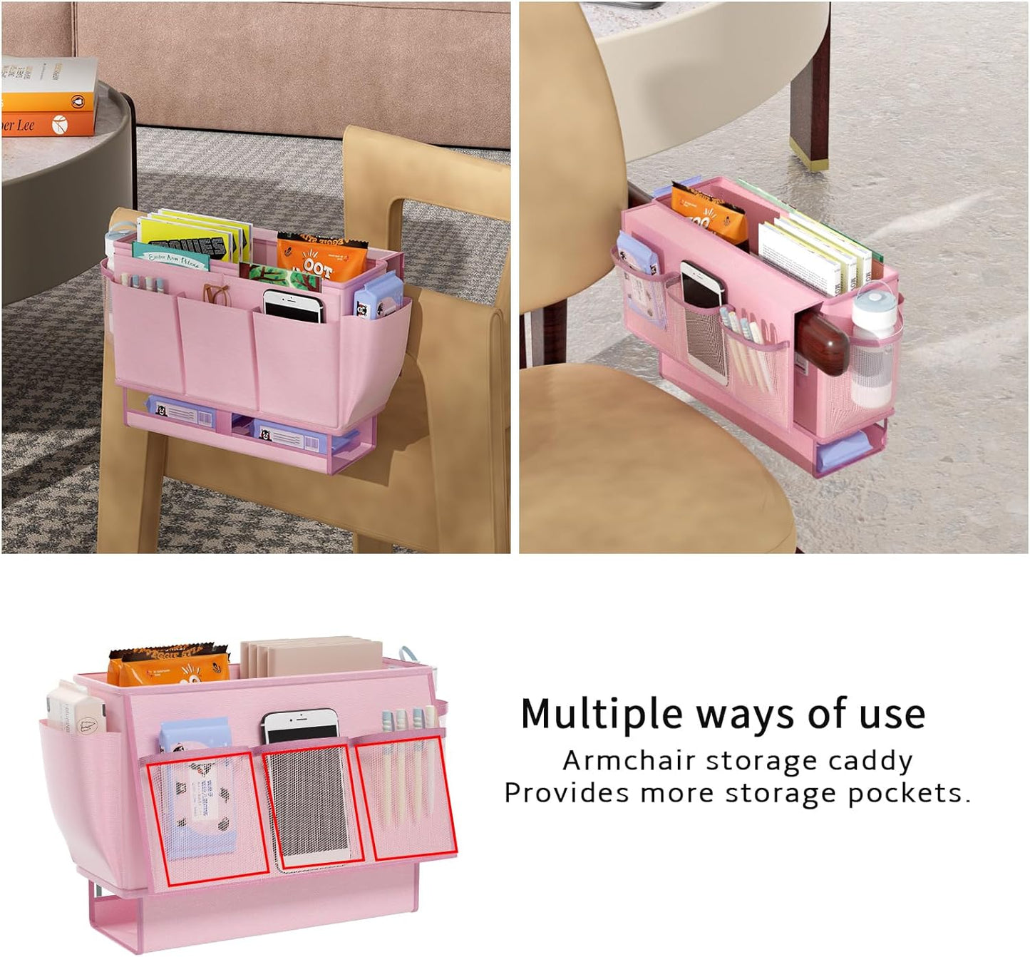 Bedside Caddy Bedside Organizer,Bed Caddy with 11 Pockets and Power Strip Holder,Versatile Bedside Storage Caddy for Home,Dorm,Bunk,Hospital,Crib Bed (Pink)