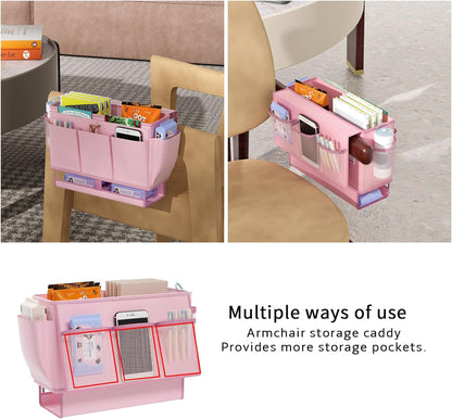 Bedside Caddy Bedside Organizer,Bed Caddy with 11 Pockets and Power Strip Holder,Versatile Bedside Storage Caddy for Home,Dorm,Bunk,Hospital,Crib Bed (Pink)