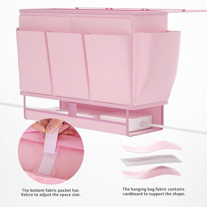 Bedside Caddy Bedside Organizer,Bed Caddy with 11 Pockets and Power Strip Holder,Versatile Bedside Storage Caddy for Home,Dorm,Bunk,Hospital,Crib Bed (Pink)